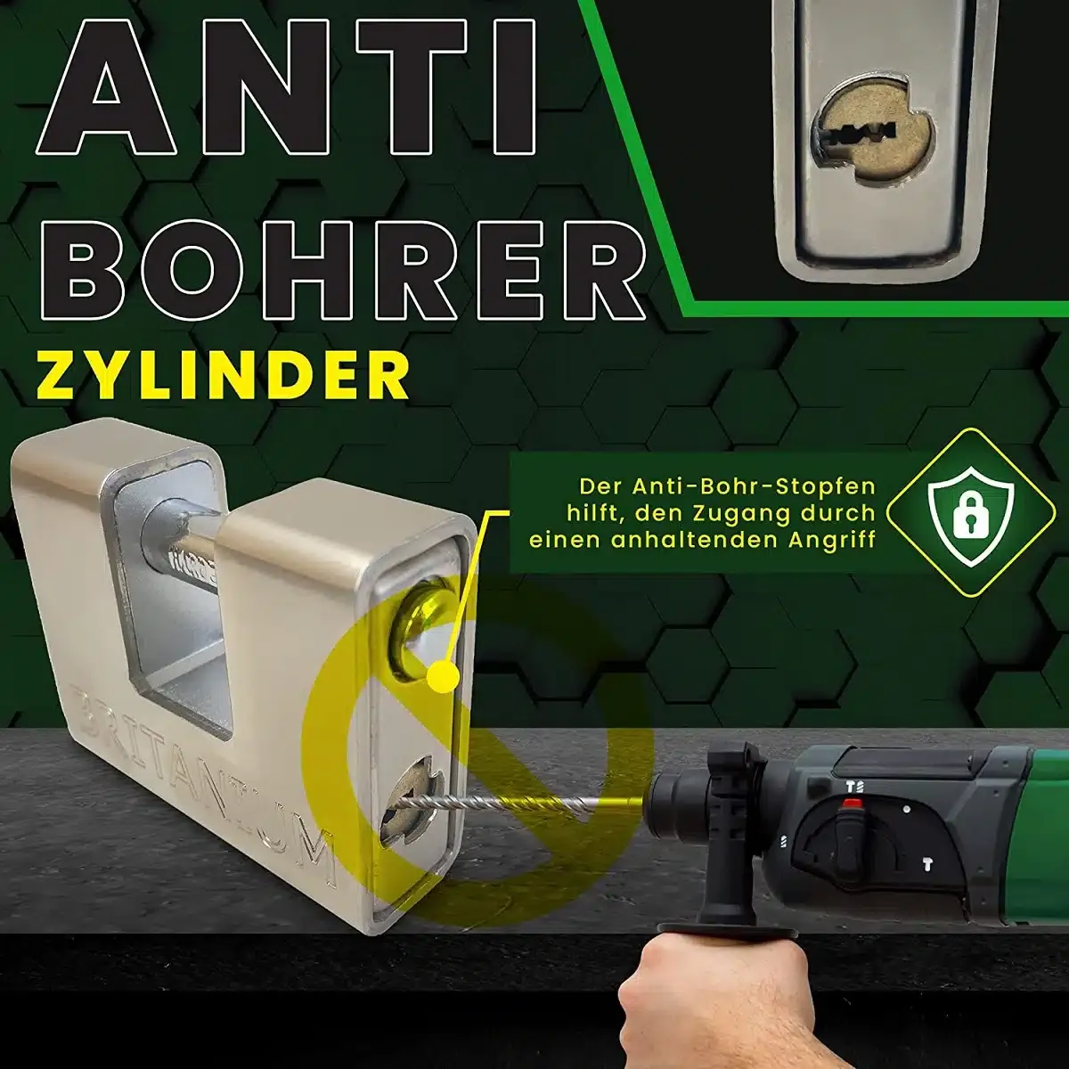 ORBI® Gepanzertes Monoblock 74mm Hochsicherheits-Vorhängeschloss, Aufbohrschutz, inkl. Sicherheitszylinder mit 5 Schlüsseln – Bild 2