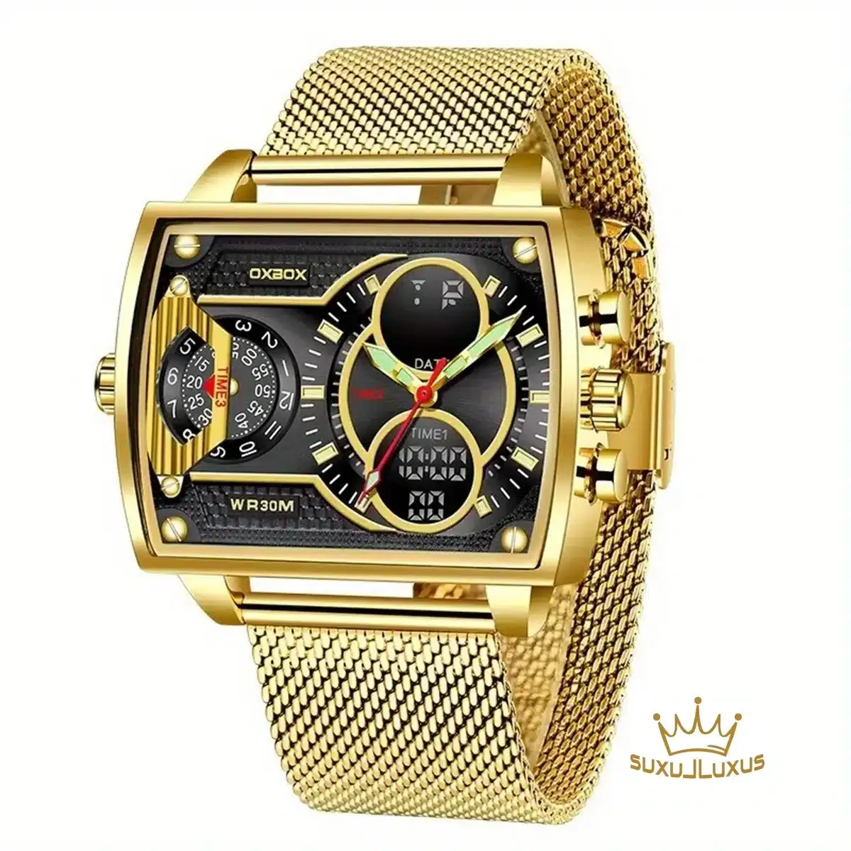 Herren Luxus Multifunktions Chronograph mit quadratischer Doppelanzeige, Stoppuhr, Datum, Kalender, fluoreszierendes Ziffernblatt, bis 30m wasserdicht, Metallnetzarmband – vergoldet