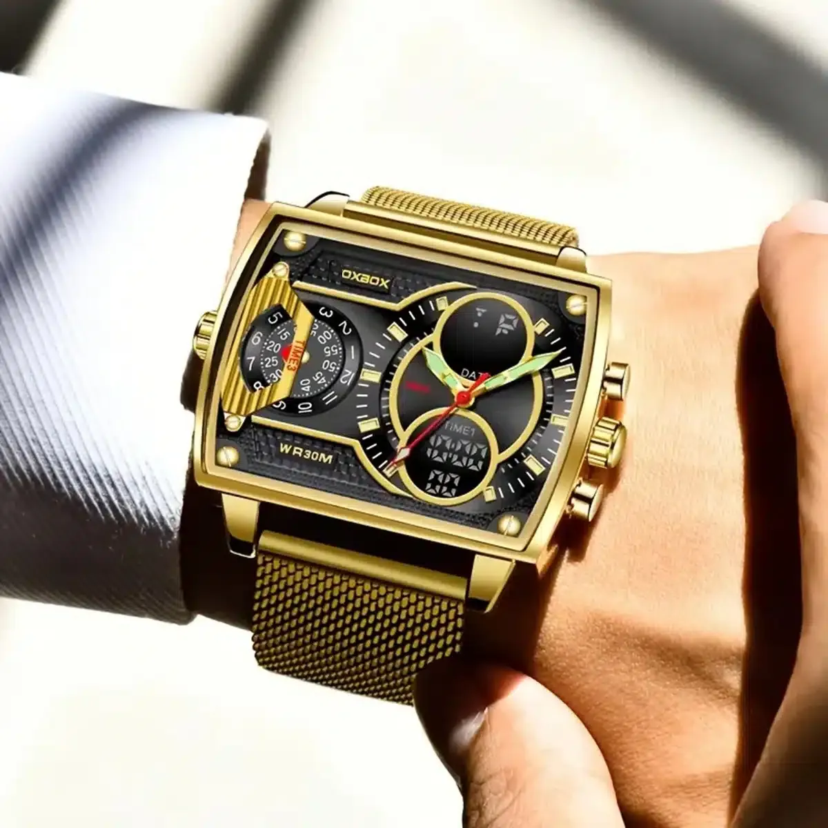 Herren Luxus Multifunktions Chronograph mit quadratischer Doppelanzeige, Stoppuhr, Datum, Kalender, fluoreszierendes Ziffernblatt, bis 30m wasserdicht, Metallnetzarmband – vergoldet – Bild 5