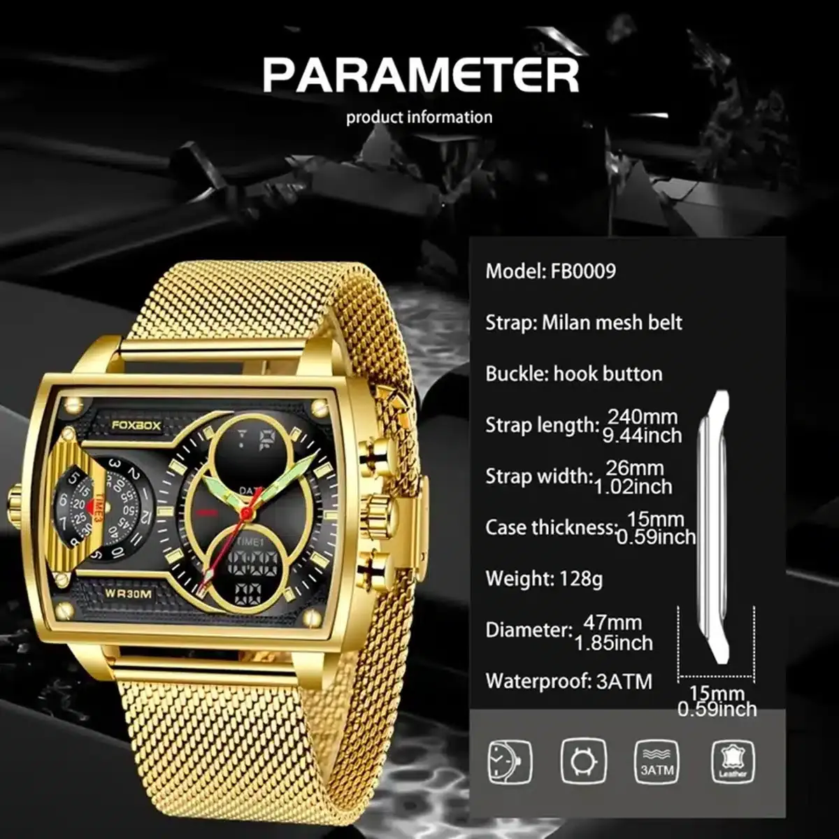 Herren Luxus Multifunktions Chronograph mit quadratischer Doppelanzeige, Stoppuhr, Datum, Kalender, fluoreszierendes Ziffernblatt, bis 30m wasserdicht, Metallnetzarmband – vergoldet – Bild 7