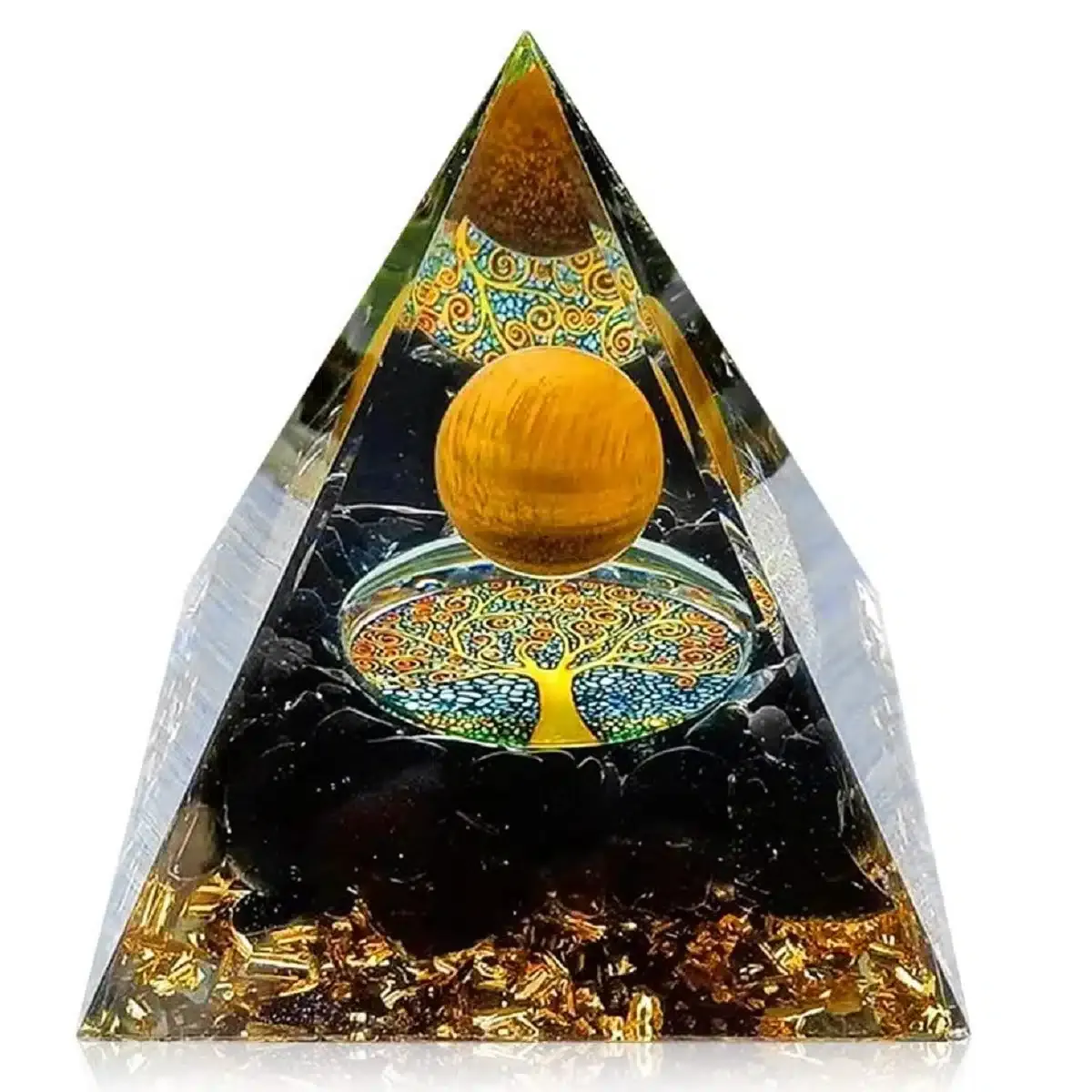 Orgon® Pyramide schwarzer Obsidan goldene Kugel, Blattgold, Kristallen und Edelsteinen zur Dekoration und Meditation, Yoga, Esoterik