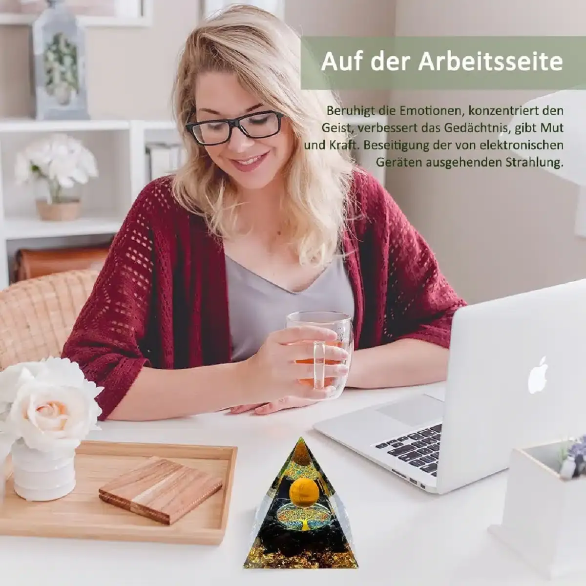 Orgon® Pyramide schwarzer Obsidan goldene Kugel, Blattgold, Kristallen und Edelsteinen zur Dekoration und Meditation, Yoga, Esoterik – Bild 5