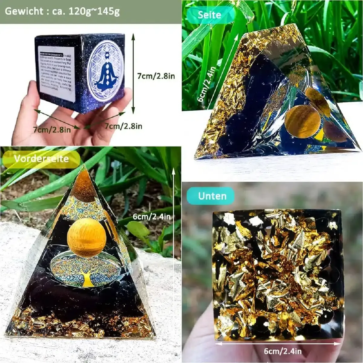 Orgon® Pyramide schwarzer Obsidan goldene Kugel, Blattgold, Kristallen und Edelsteinen zur Dekoration und Meditation, Yoga, Esoterik – Bild 4