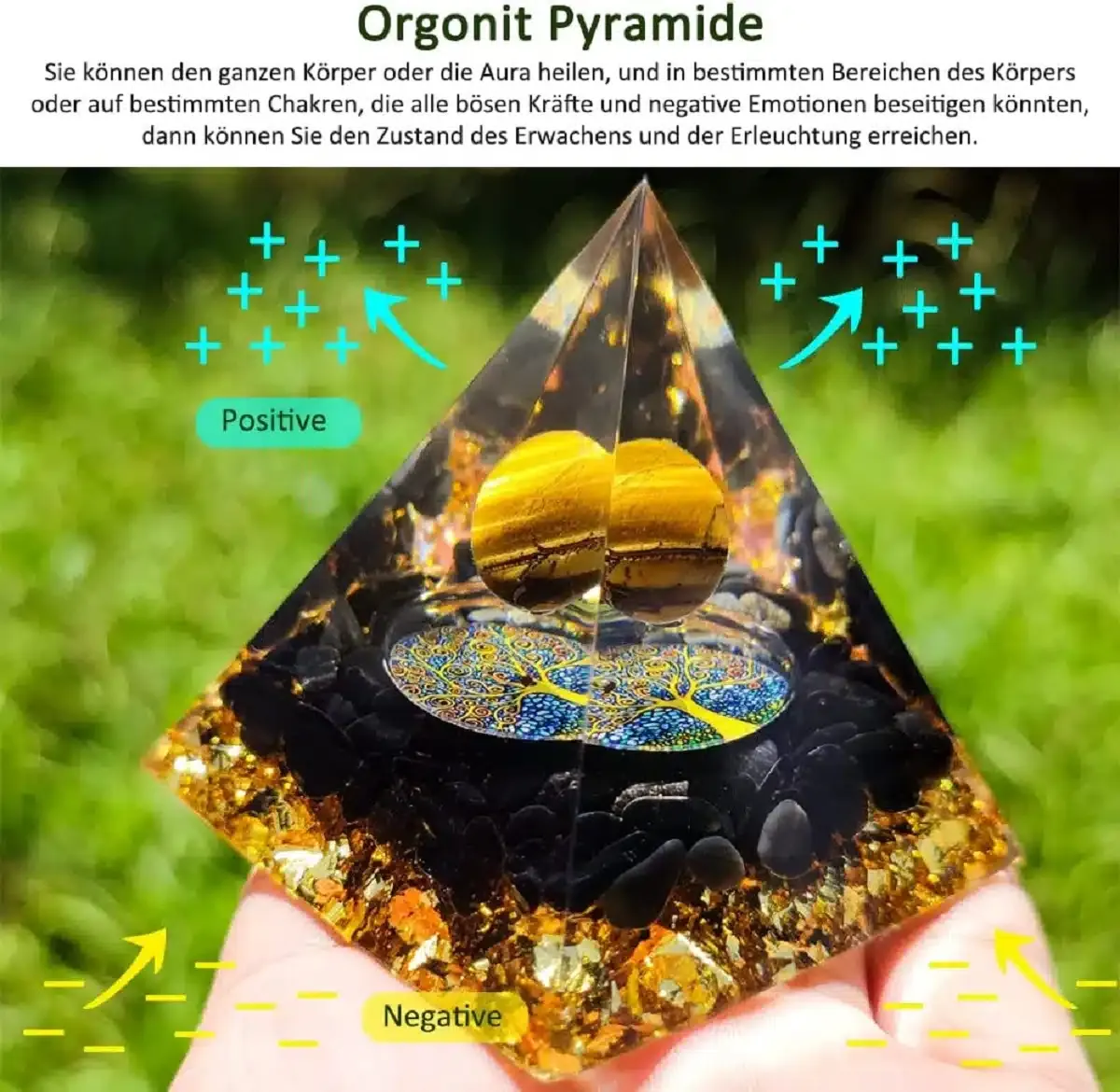 Orgon® Pyramide schwarzer Obsidan goldene Kugel, Blattgold, Kristallen und Edelsteinen zur Dekoration und Meditation, Yoga, Esoterik – Bild 3