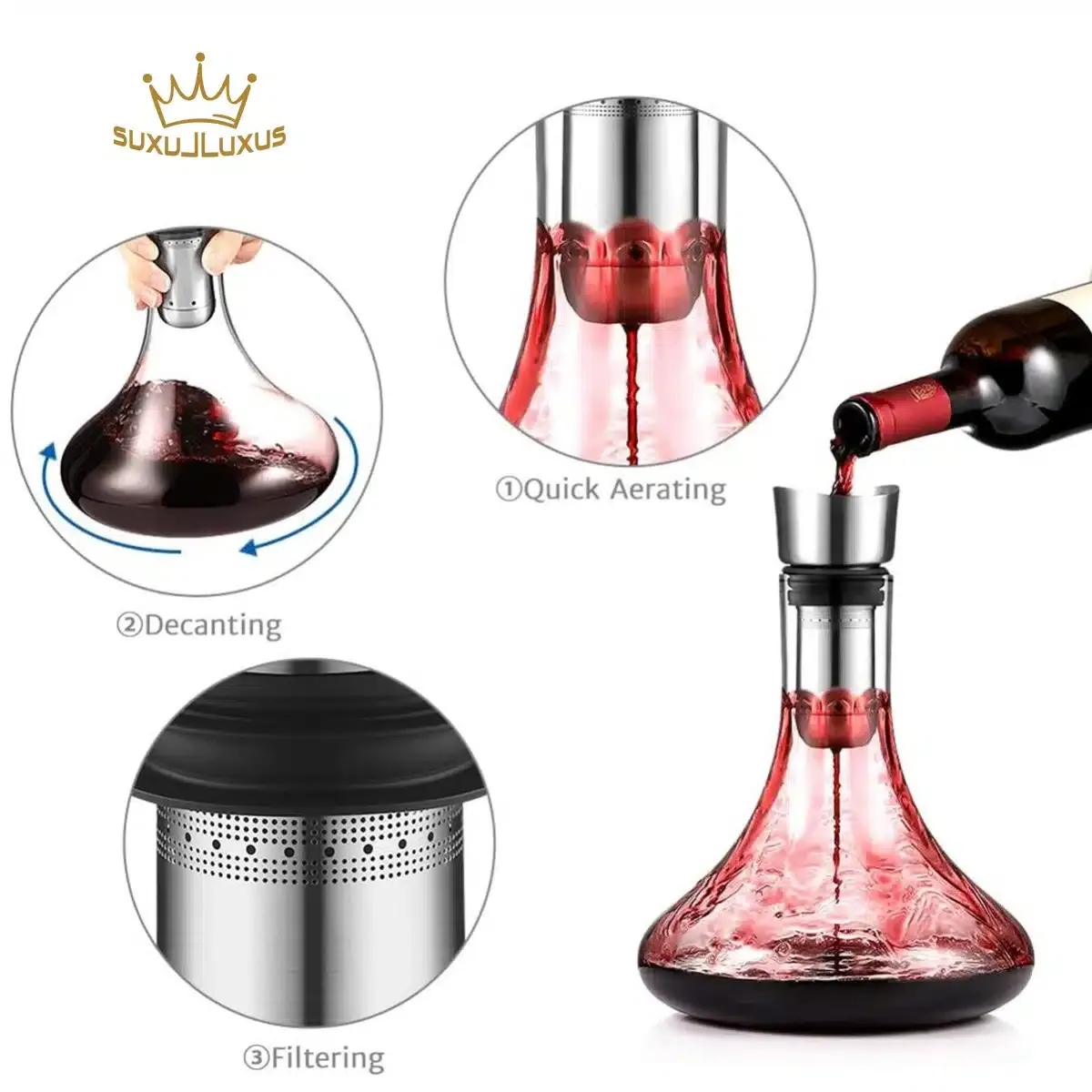 Wein Dekanter Kristallglas Dekantierer mit eingebautem Aerator Belüfter und Filter, tropffreies Eingießen 1800ml/63.3oz – Bild 6